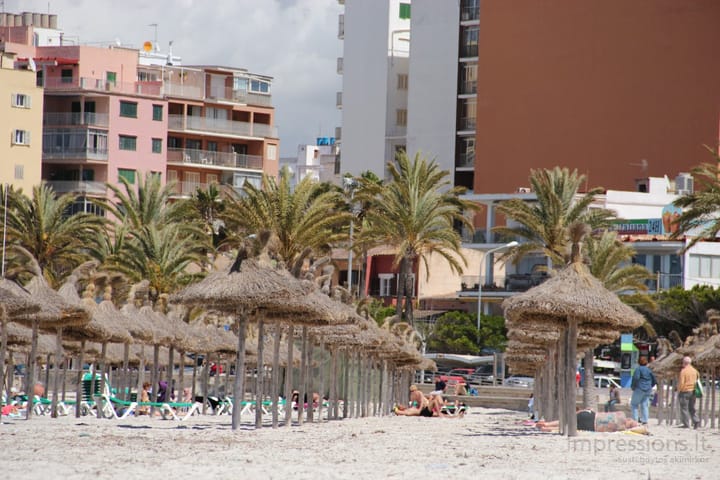 Šiaudiniai skėtukai, El. Arenal. Palma, paplūdymys, smėlis, palmės